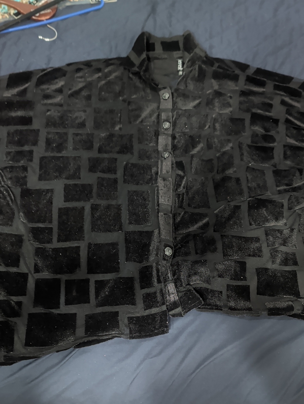 Women's Black Velvet Patterned Button-Up Shirt